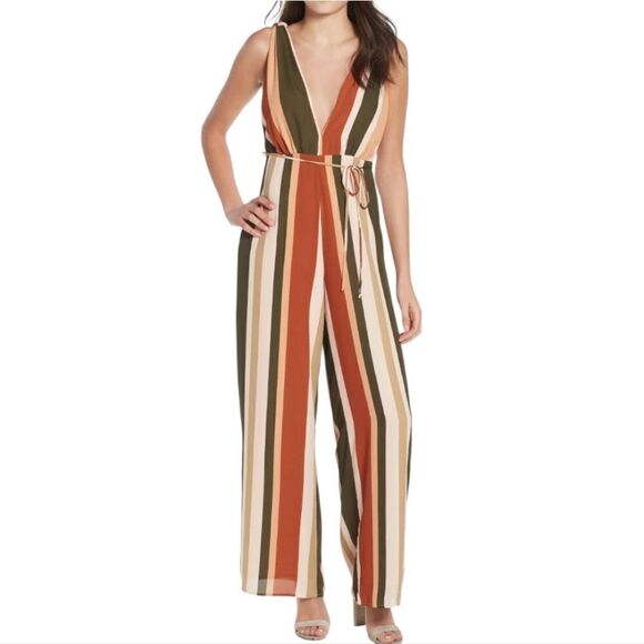 4SI3NNA Stripe Deep V Jumpsuit - Picture 1 of 7